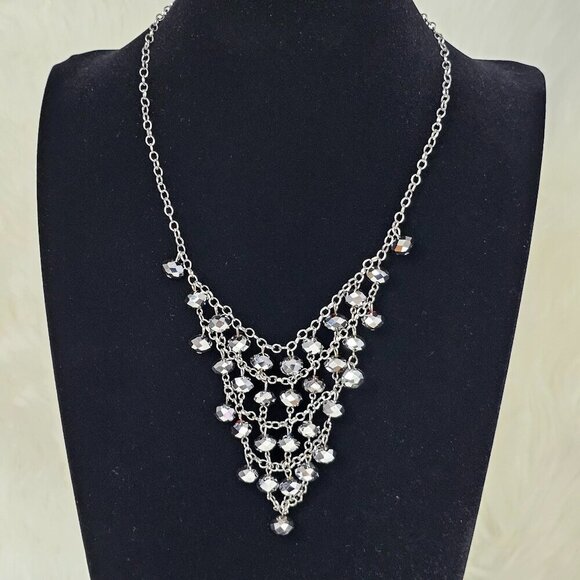 Cynthia Gale Art Deco Multi Strand Silver Tone Beaded Statement Bib Necklace - Picture 6 of 6